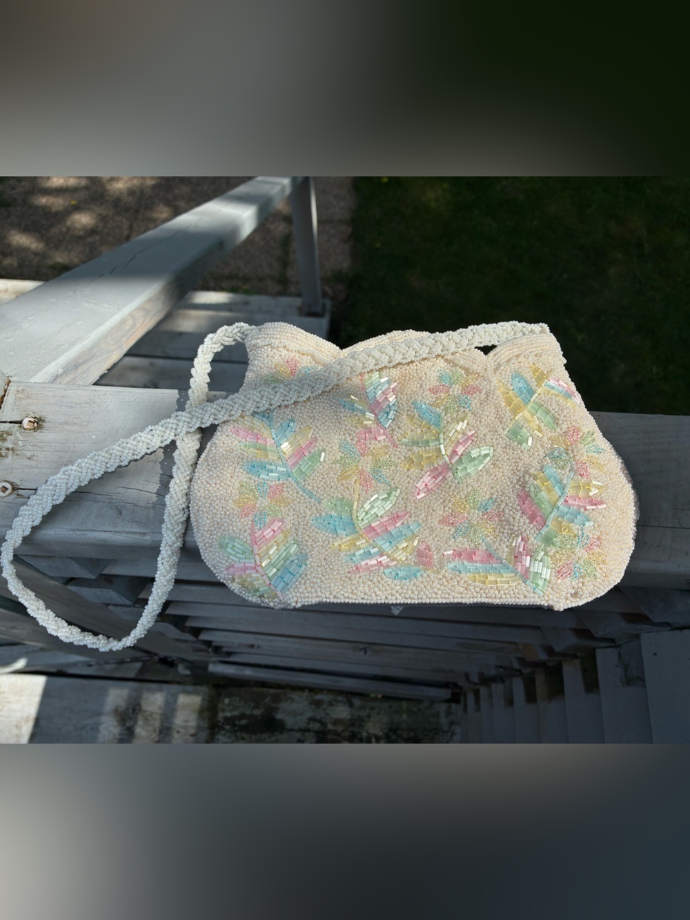 Vintage Handmade Beaded Pastel Leaf and Flowers Shoulder Bag